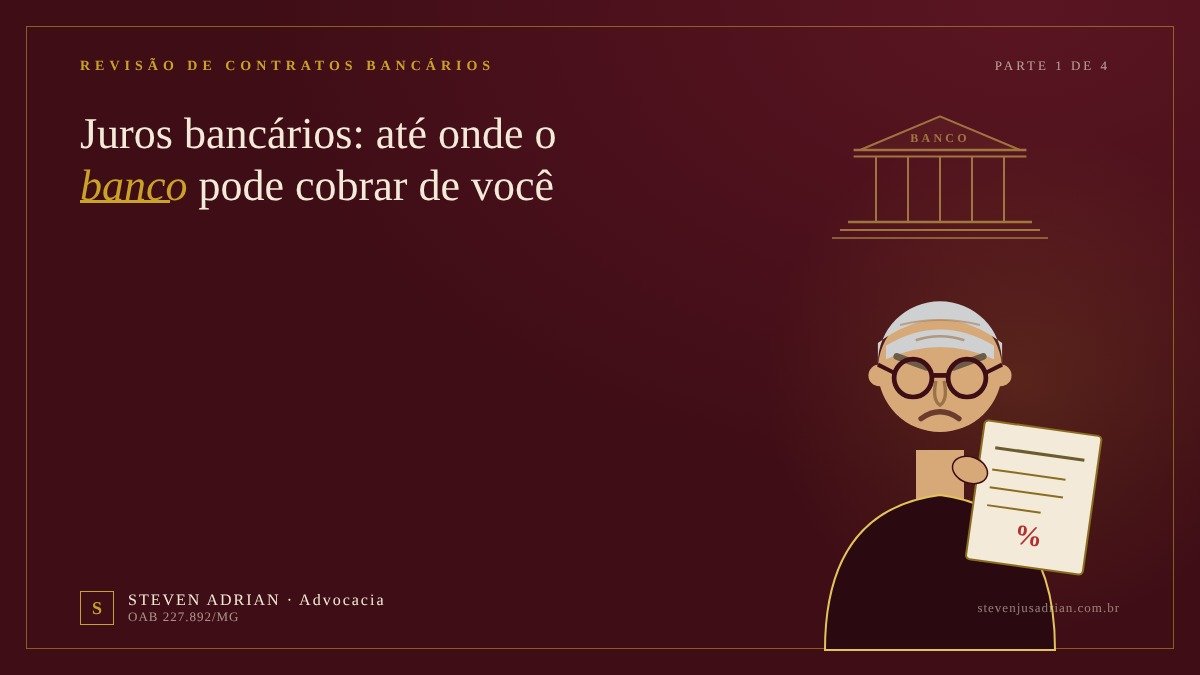 Capa do artigo: Juros bancários, parte 1 de 4 da série Revisão de Contratos Bancários, identidade visual do escritório Steven Adrian Advocacia.